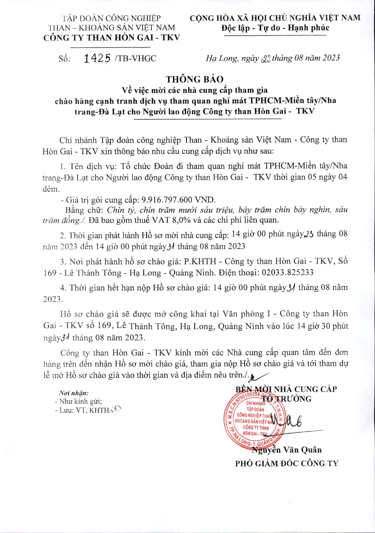 Thông báo về việc mời các nhà cung cấp tham gia chào hàng cạnh tranh dịch vụ tham quan nghỉ mát TPHCN-Miền tây/NHa trang- Đà lạt cho NLĐ Công ty Than Hòn Gai - TKV