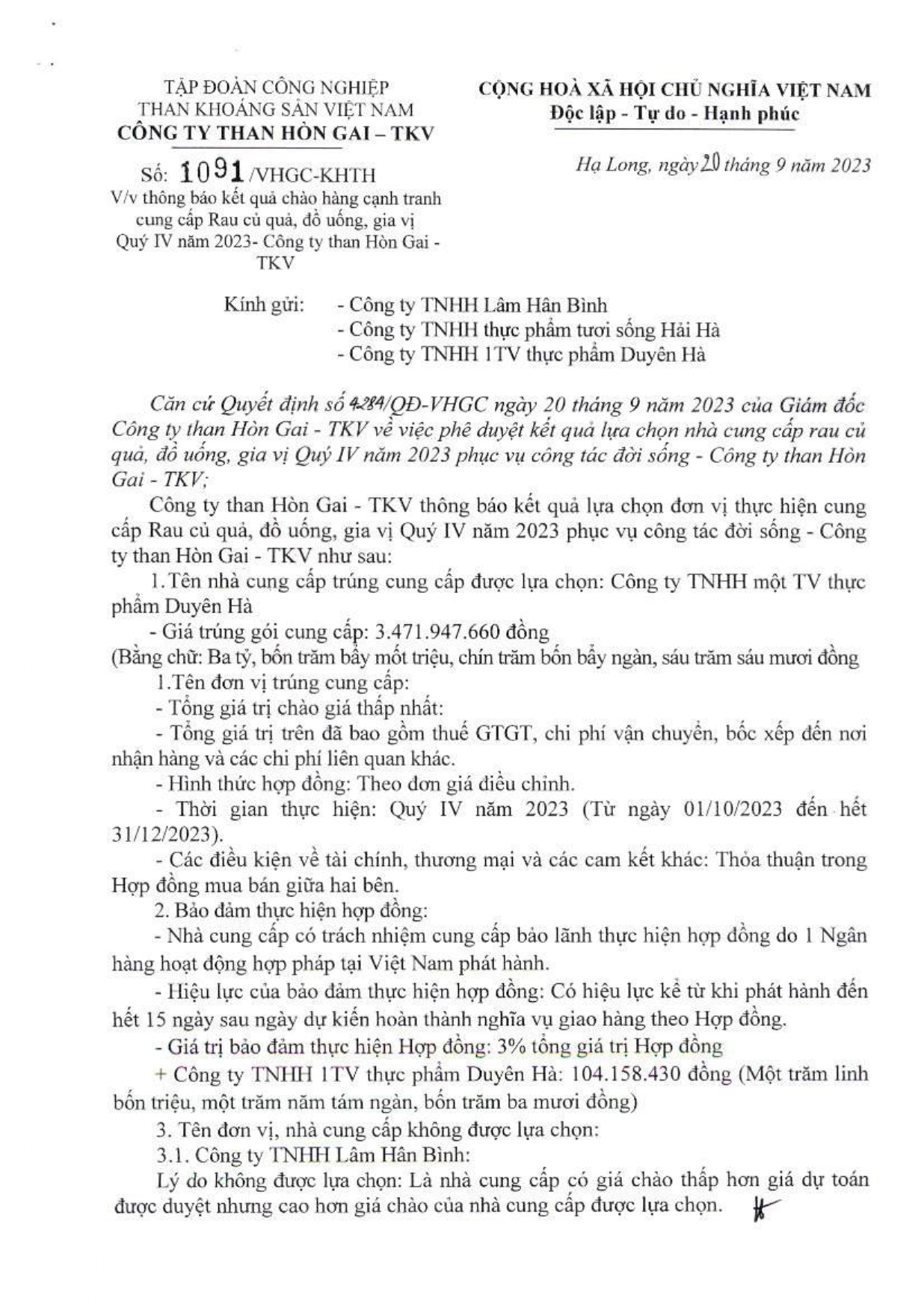 Thông báo số 1091 kết quả chào hàng cạnh tranh cung cấp Rau củ quả, đồ uống gia vị Quý IV năm 2023-Công ty Than Hòn Gai-TKV