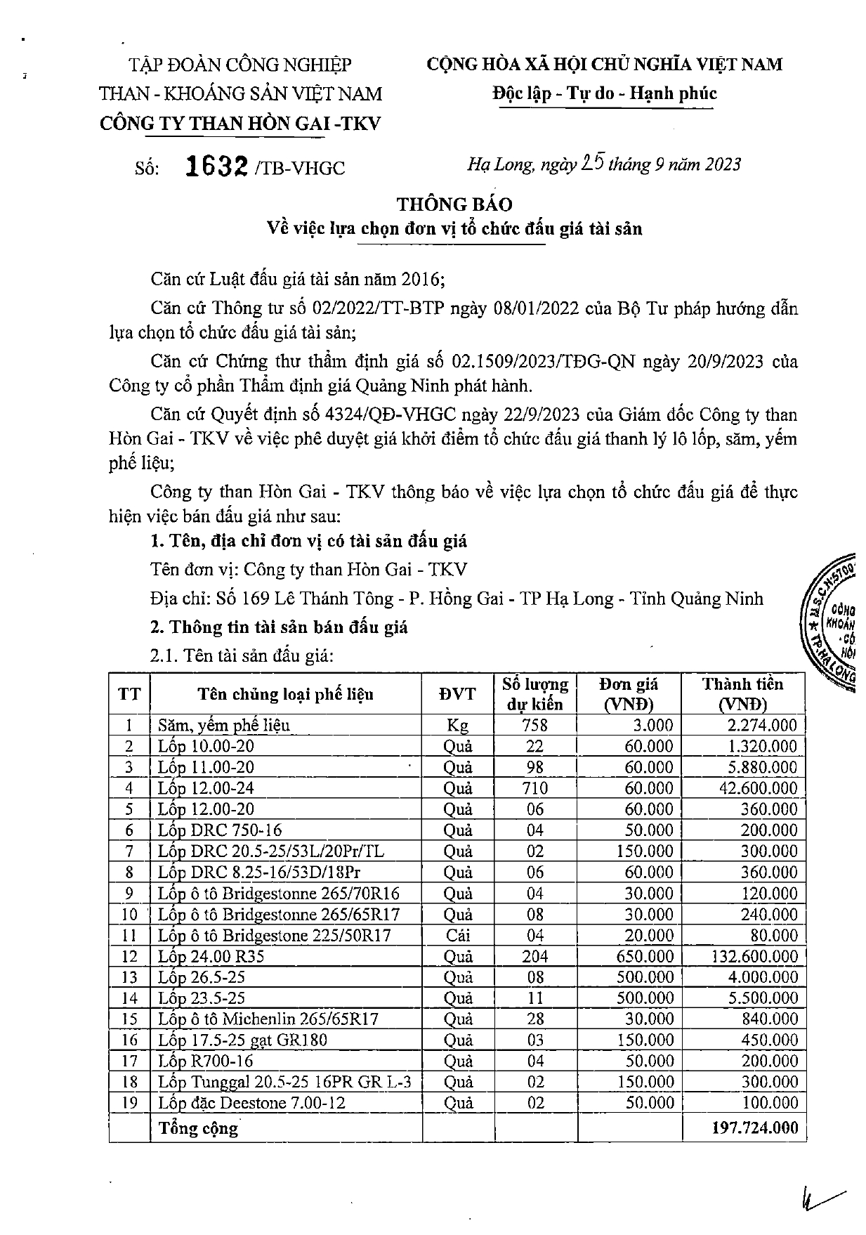 Thông báo số 1632 về việc lựa chọn đơn vị tổ chức đấu giá tài sản