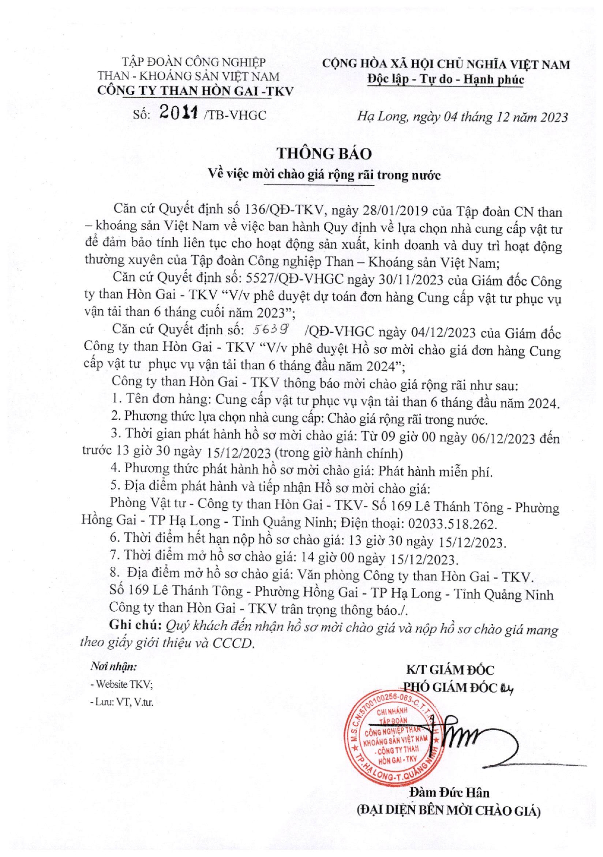 Thông báo số 2011 ngày 04/12/2023 về việc mời chào giá rộng rãi trong nước " Cung cấp vật tư phục vụ vận tải than 6 tháng đầu năm 2024"