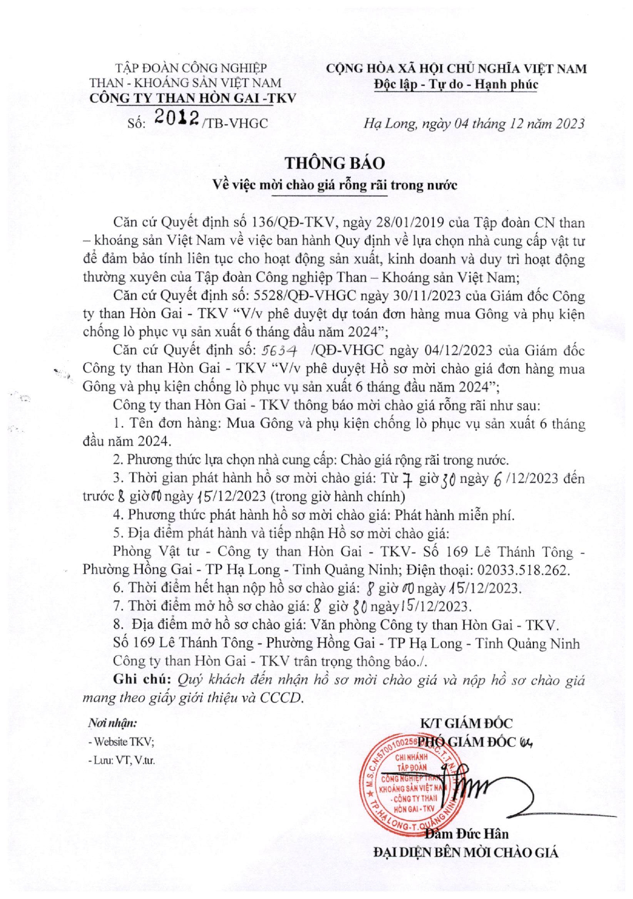 Thông báo số 2012 ngày 04/12/2023 về việc mời chào giá rộng rãi trong nước " Mua Gông và phụ kiện chống lò phục vụ sản xuất 6 tháng đầu năm 2024"