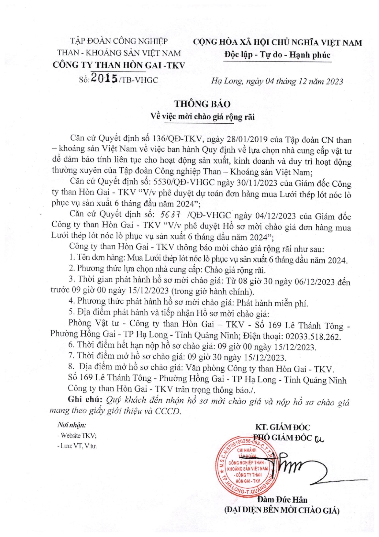 Thông báo số 2015 ngày 04/12/2023 về việc mời chào giá rộng rãi "Mua lưới thép lót nóc lò phục phụ sản xuất 6 tháng đầu năm 2024"