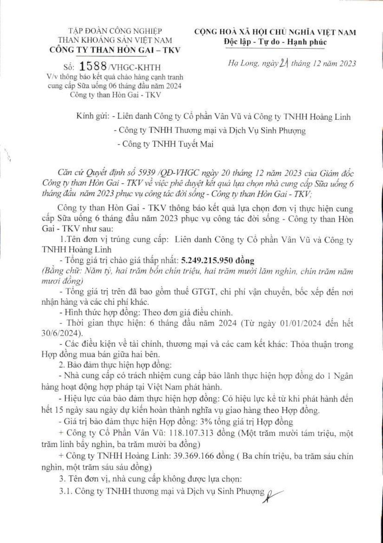 Công văn số 1588/VHGC - KHTH ngày 21/12/2023 về việc thông báo kết quả chào hàng cạnh tranh cung cấp Sữa uống 6 tháng đầu năm 2024 - Công ty than Hòn Gai - TKV