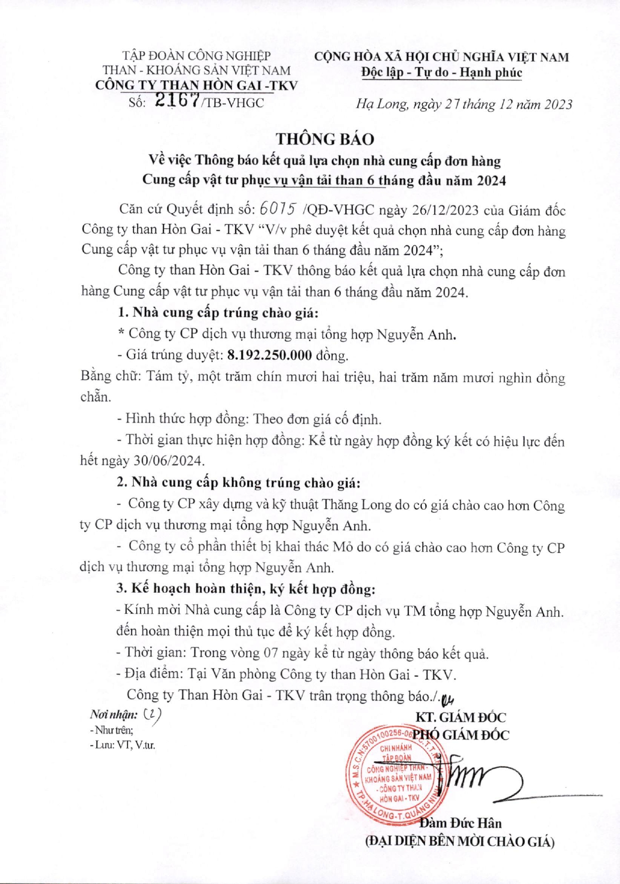 Thông báo số 2167 ngày 27/12/2023 về việc thông báo kết quả lựa chọn nhà cung cấp đơn hàng Cung cấp vật tư phục vụ vận tải than 6 tháng đầu năm 2024